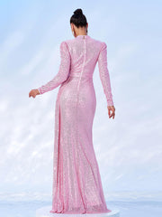 High Neck Long Sleeve Draped Sequin Maxi Evening Dress RJ11834