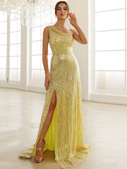 Yellow Sequin One Shoulder Prom Dress XJ1534