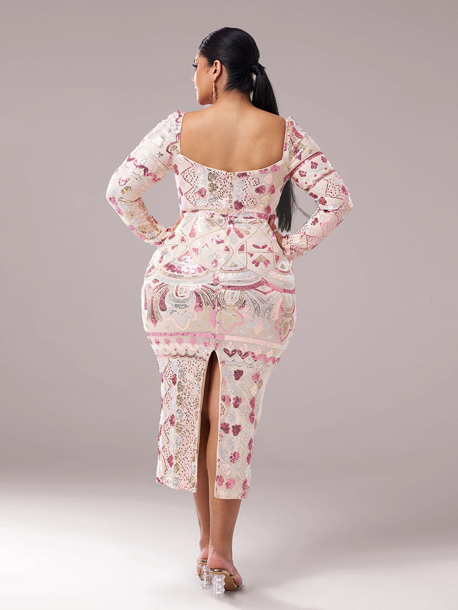 Square Neck Long Sleeve Split Sequin Dress RM20830