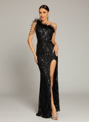 One Shoulder Feather Beads Chain Sequin Black Prom Dress M02337