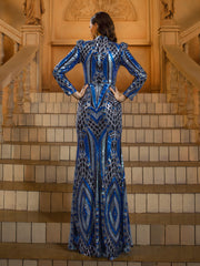 Blue Sequin Graphic Long Sleeve Prom Dress DH80462