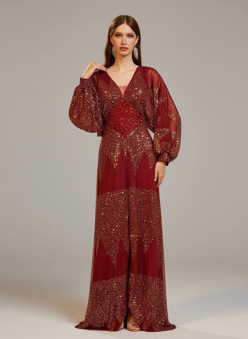 Lantern Sleeve V-Neck High Split Black Prom Dress RM21107