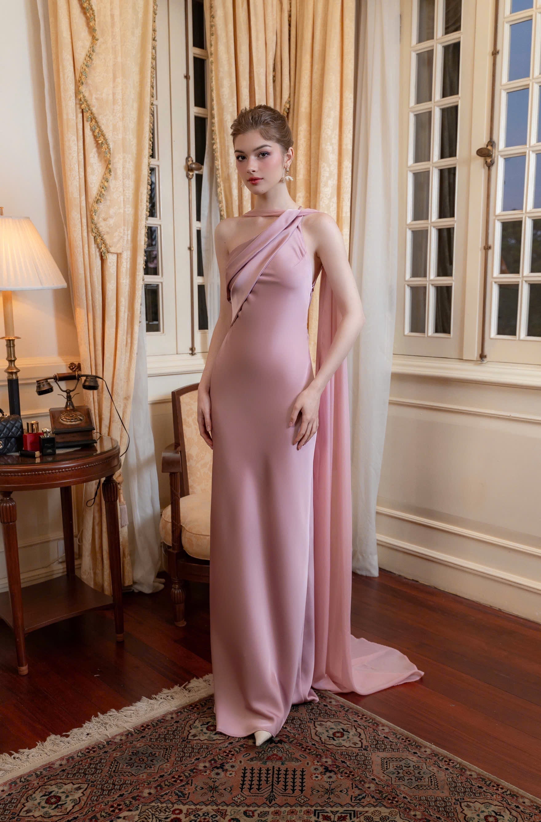One Shoulder Draped Cape Backless Satin Evening Dress