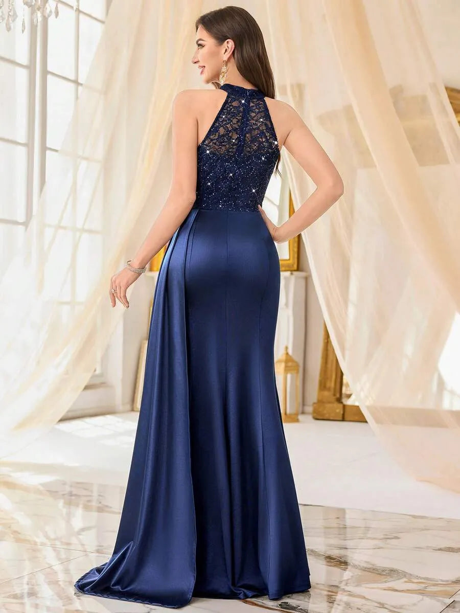 Halter Neck Sequin Lace Satin Draped Side Slit Maxi Evening Dress