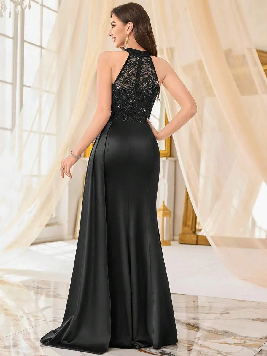 Halter Neck Sequin Lace Satin Draped Side Slit Maxi Evening Dress