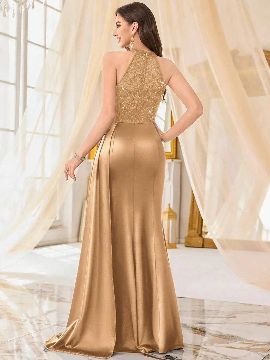 Halter Neck Sequin Lace Satin Draped Side Slit Maxi Evening Dress