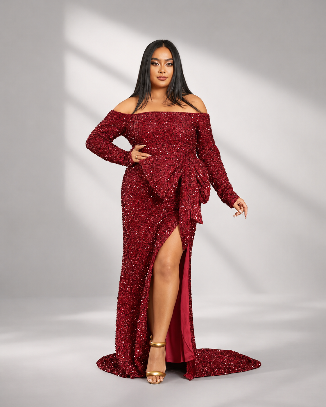 Plus Size Off The Shoulder Bow Knot Split Maxi Evening Dress PXH2122