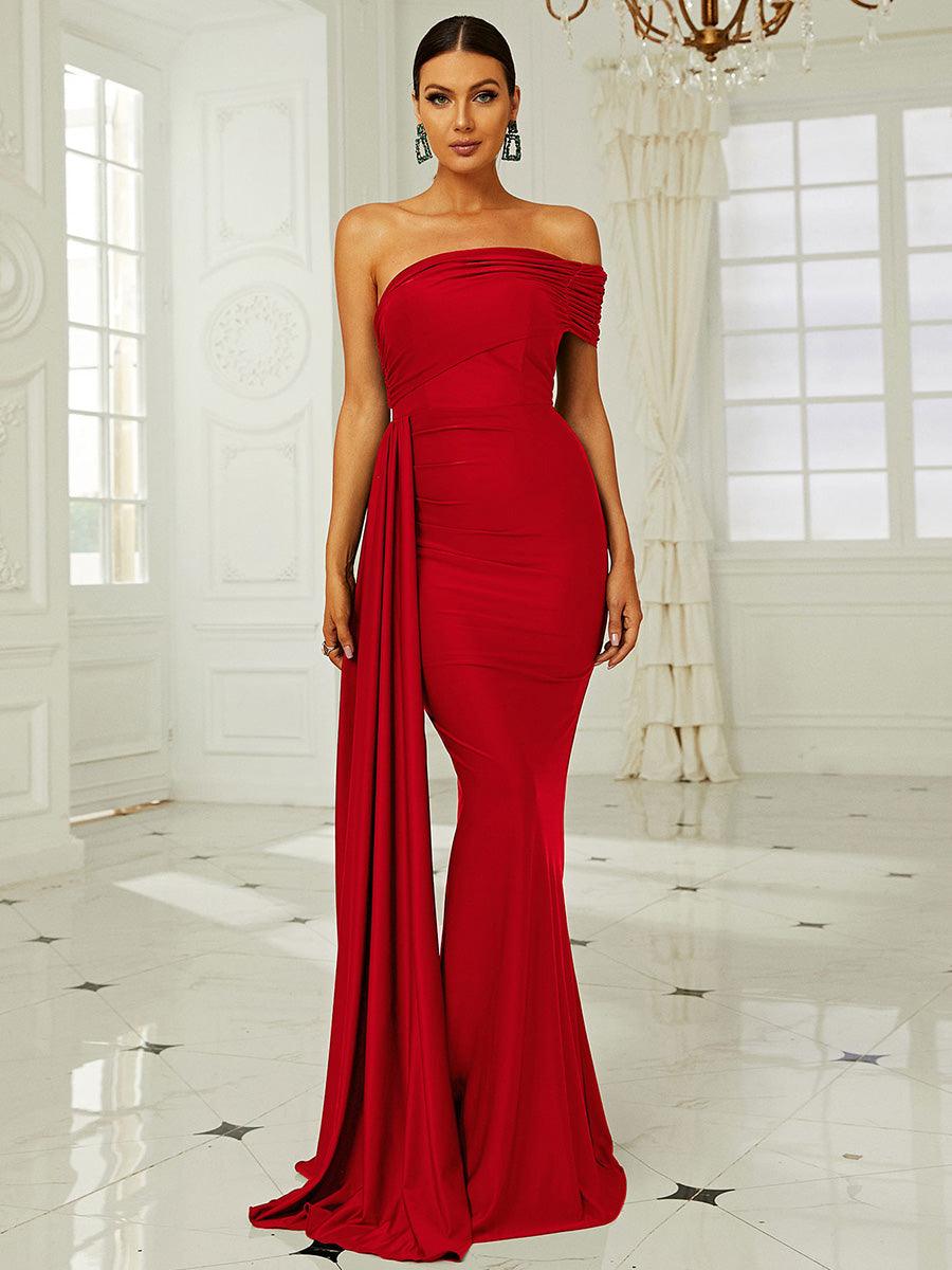 Red Off Shoulder Draping Formal Dress XH2158