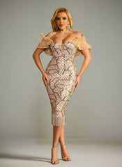 Off Shoulder Sequin Midi Cocktail Dress XJ1259