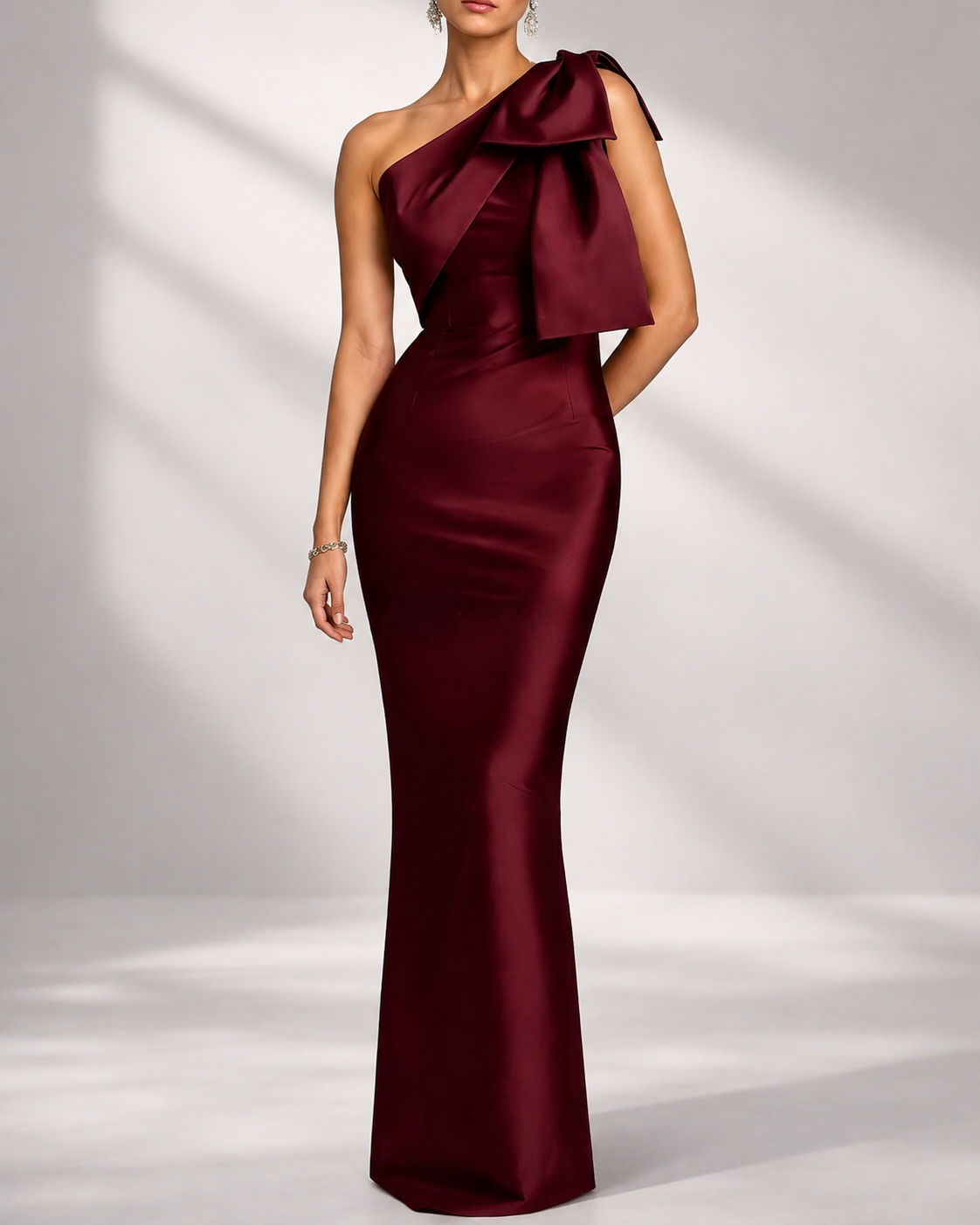 One Shoulder Bow Satin Mermaid Maxi Evening Dress