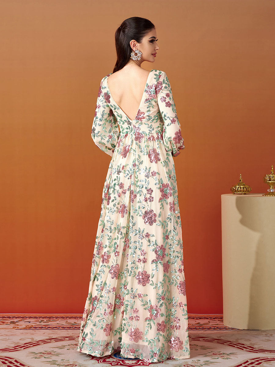 V-Neck Backless Tulle Apricot Prom Dress RJ10789