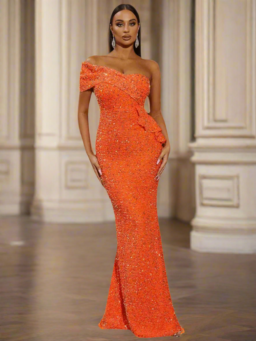Ruffled Sequin One Shoulder Mermaid Dress WY46