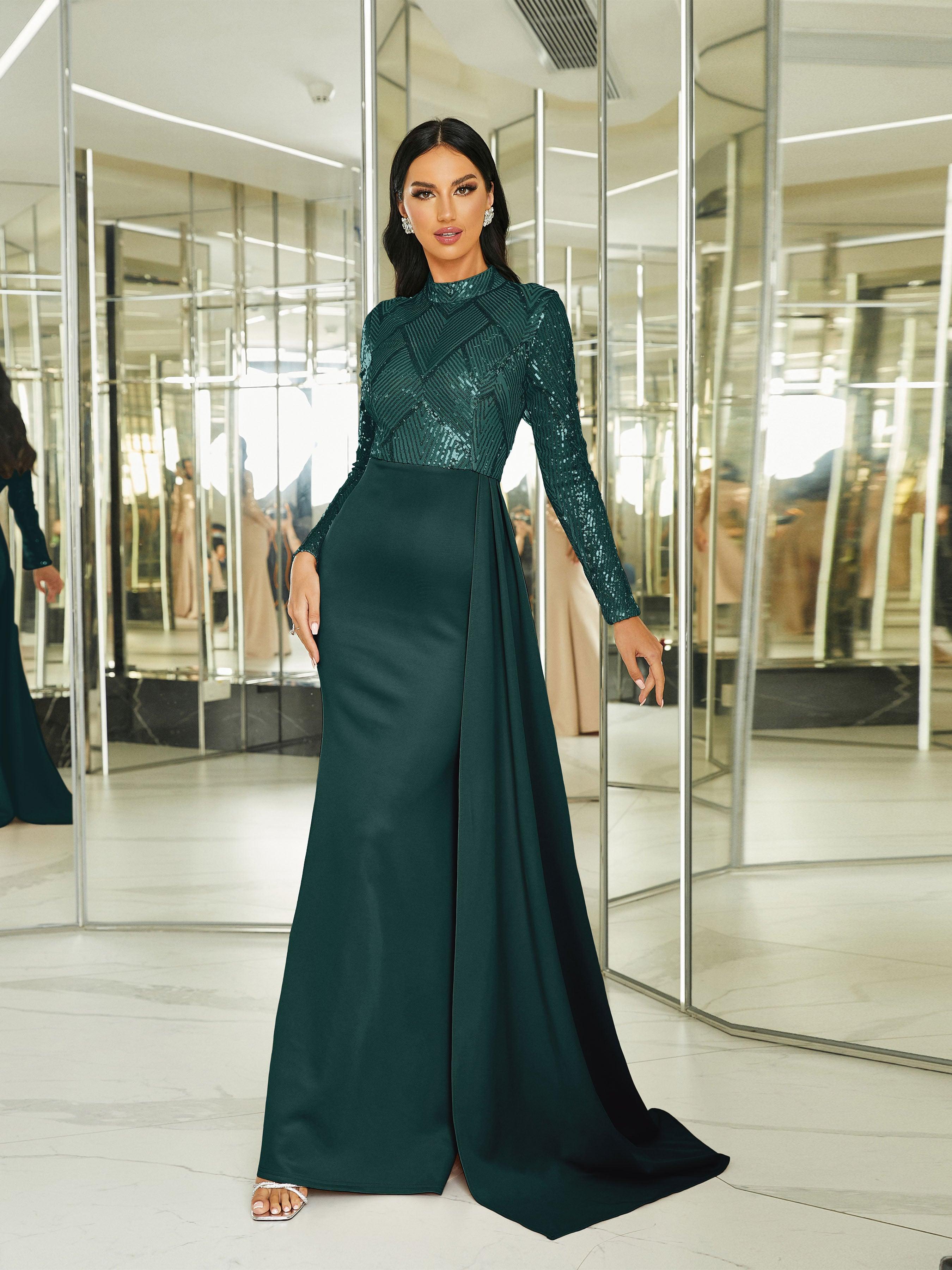 Draping Long Sleeve Sequin Formal Dress M02153