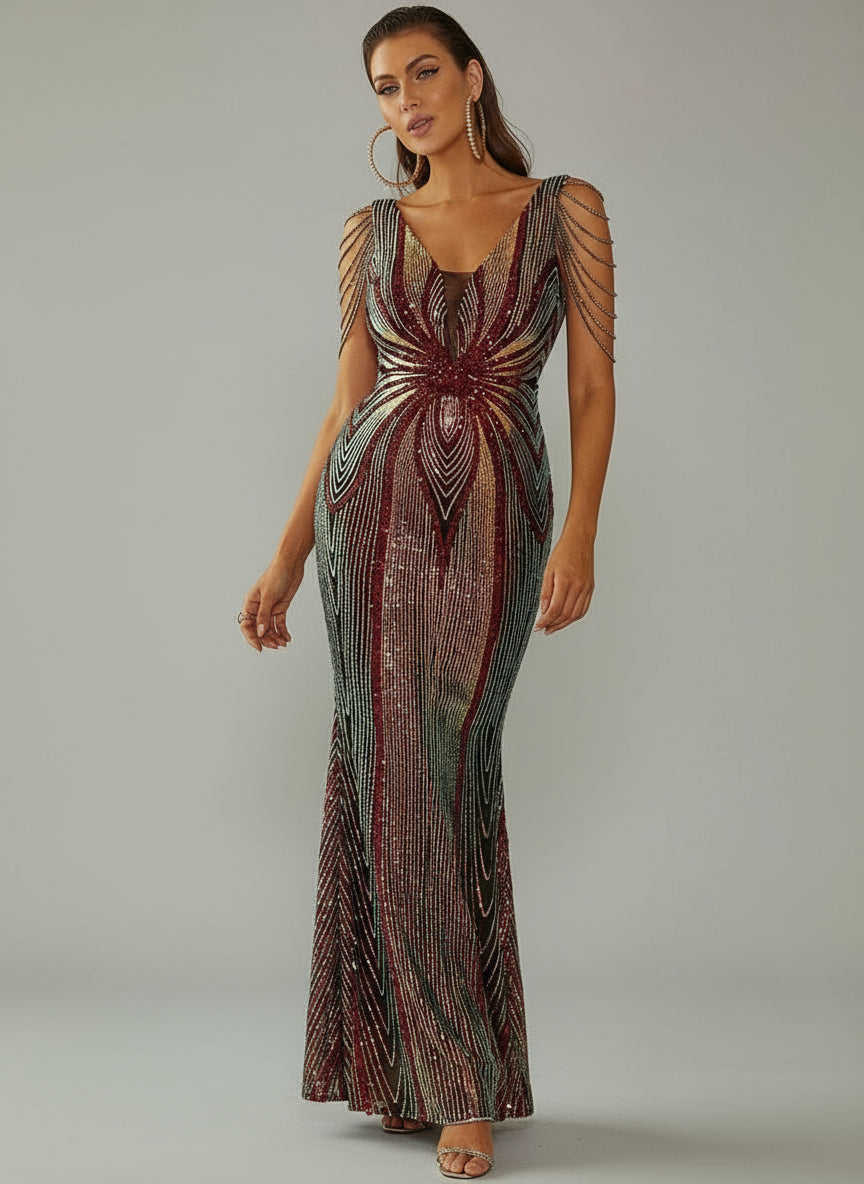V Neck Elegant Multicolor Maxi Sequin Prom Dress M02092