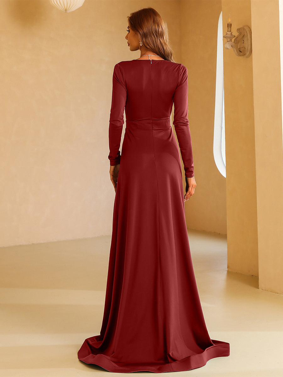 V Neck Long Sleeve A Line Maxi Evening Dress XH1221