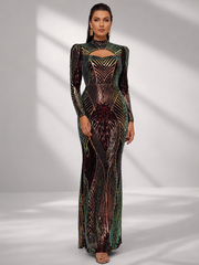 High Neck Cut Out Long Sleeve Sequin Mermaid Evening Dress XH2349