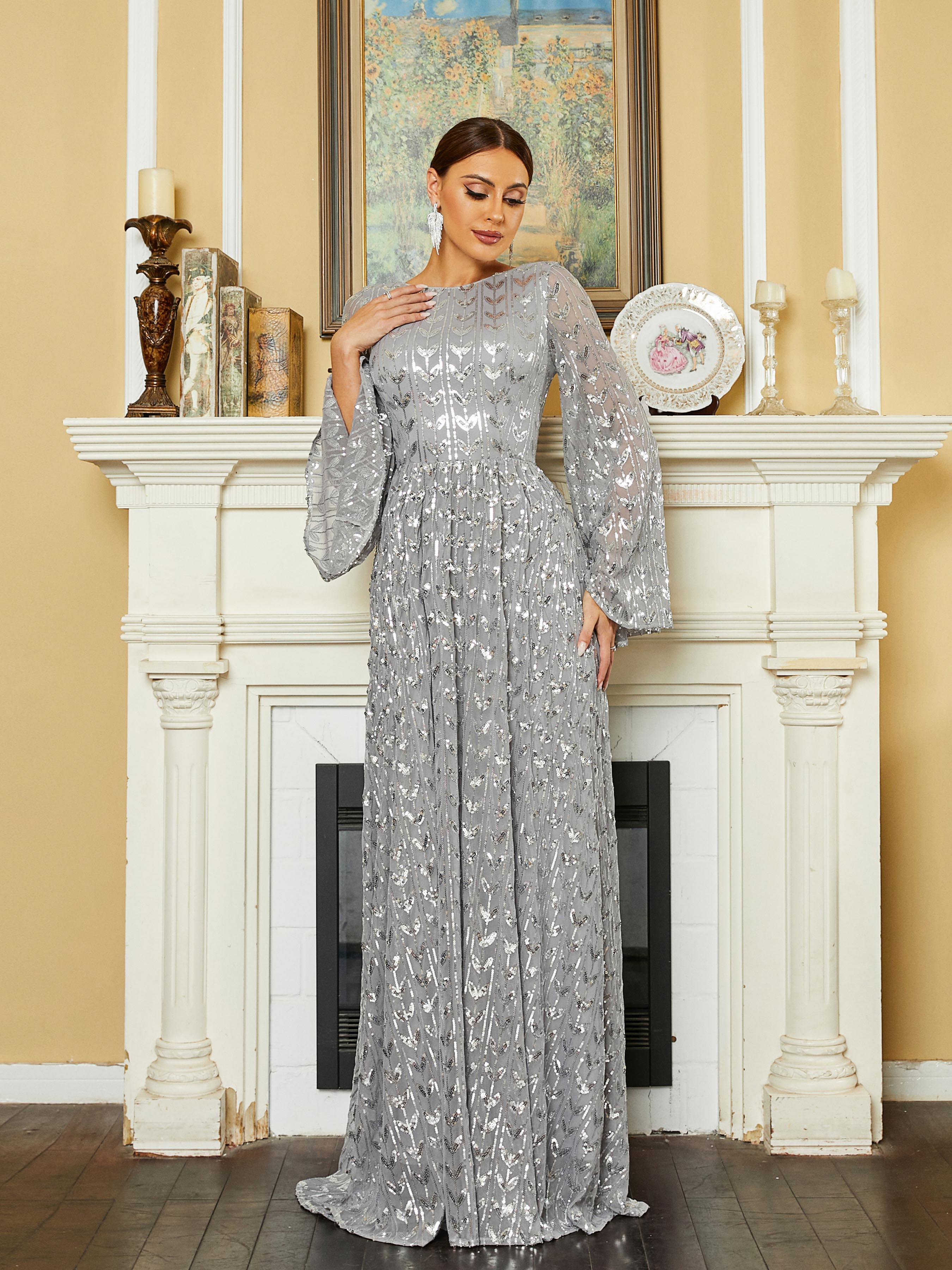 Silver Sequin Bell Sleeve Backless Maxi Evening Dress RM20603