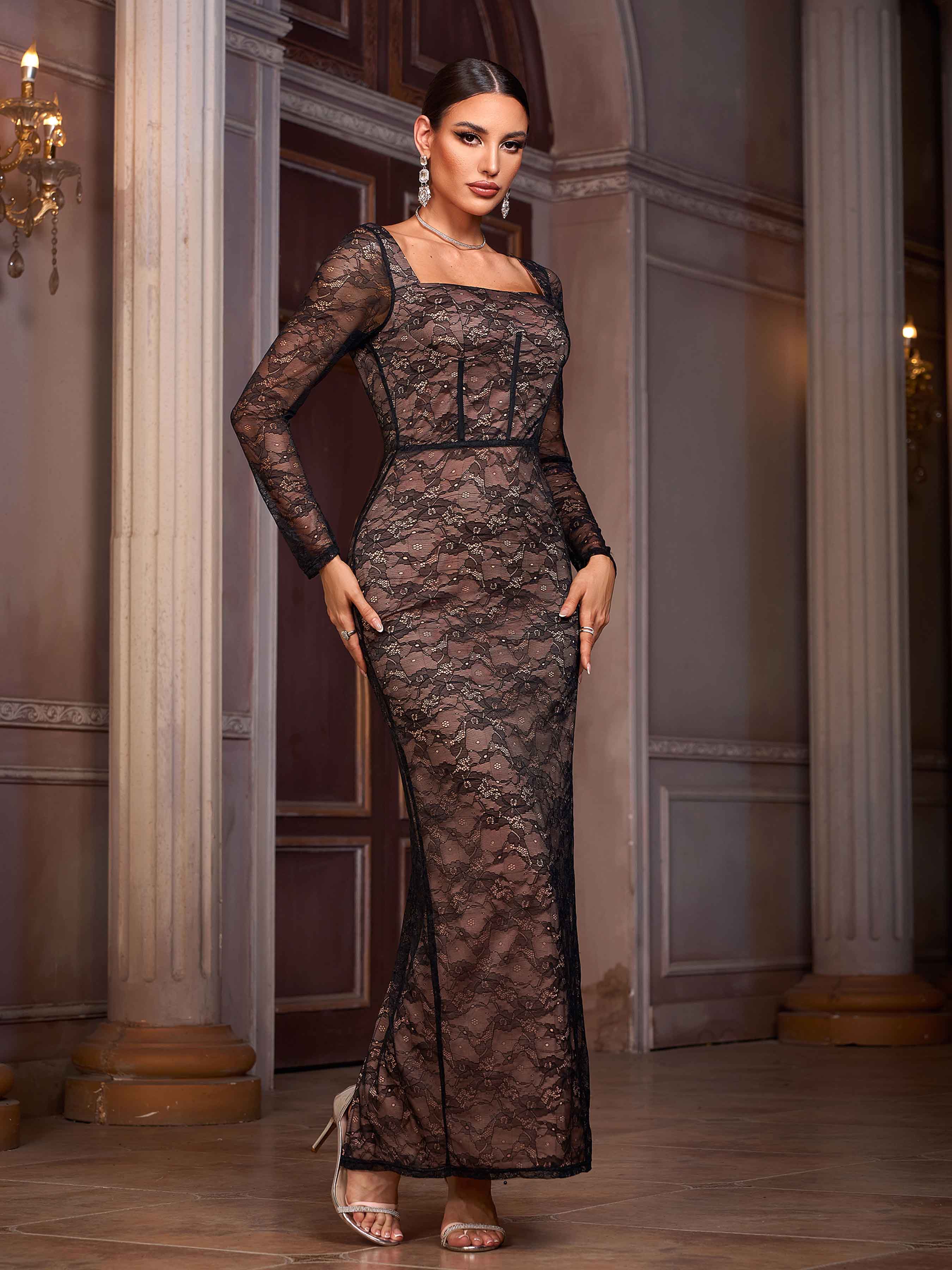 Square Neck Long Sleeve Lace Slit Formal Dress GM00835