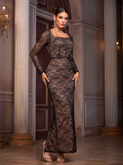 Square Neck Long Sleeve Lace Slit Formal Dress GM00835