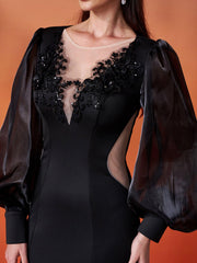 Black Embroidery Floor Length Puff Sleeve Dress DH80308