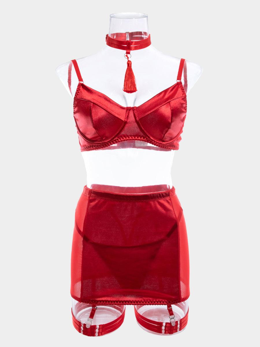 Satin Tassel Sexy Lingerie 4 Piece Set MSL032