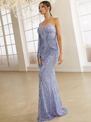 Sweetheart One Shoulder Off Purple Sequin Prom Dress XH2277