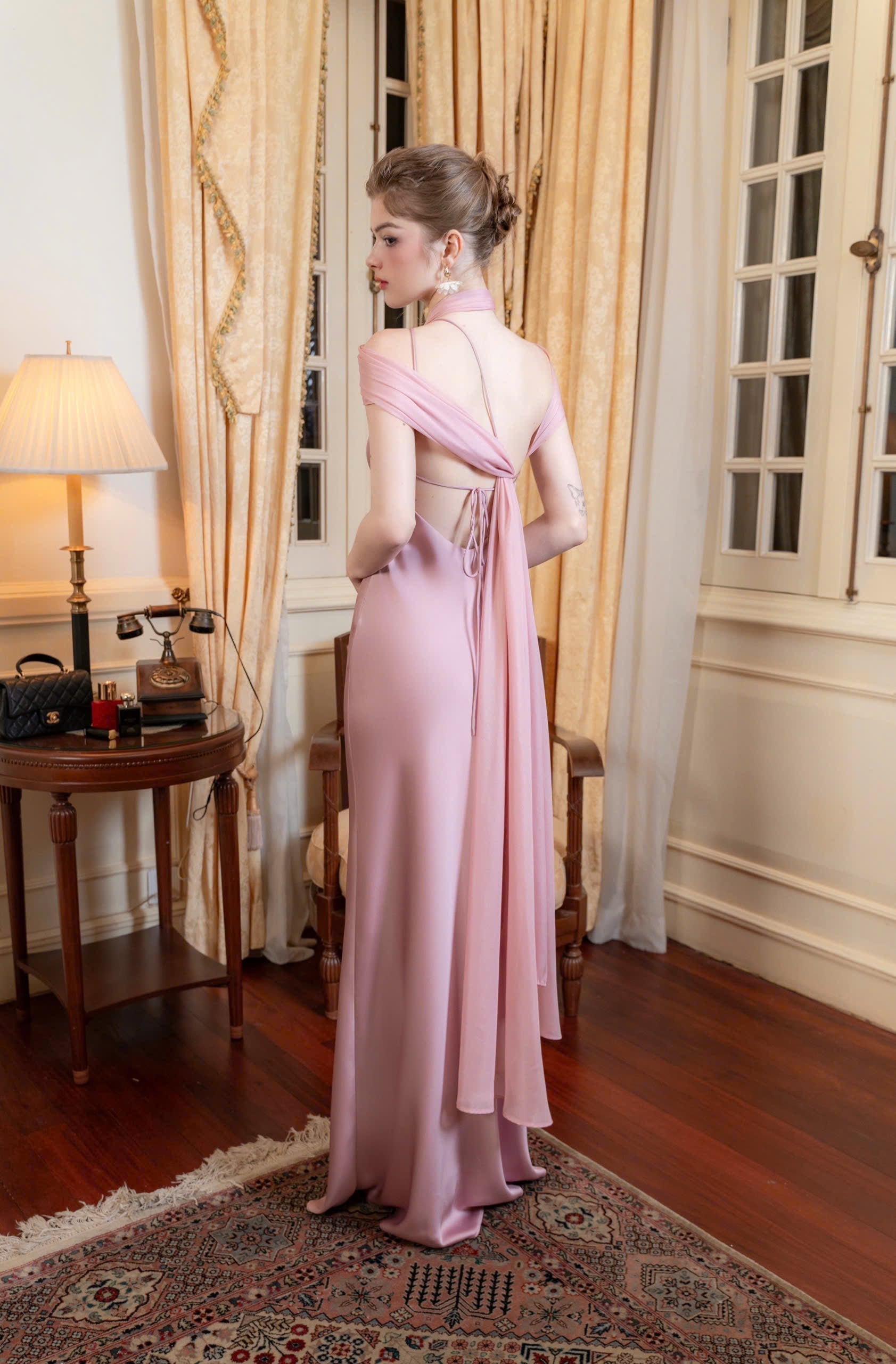One Shoulder Draped Cape Backless Satin Evening Dress
