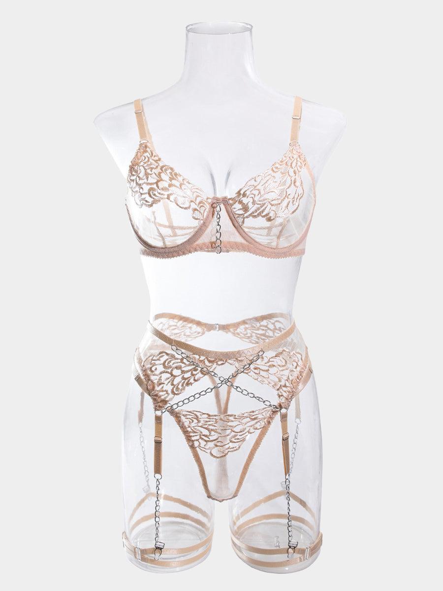 Metal Chain Embroidered Sexy Lingerie 4 Piece Set MSL034