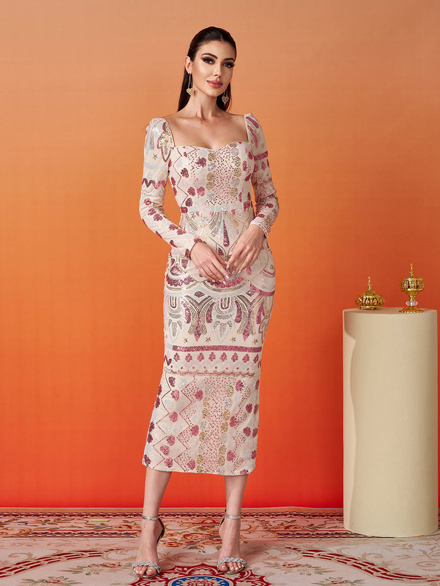 Square Neck Long Sleeve Split Sequin Dress RM20830