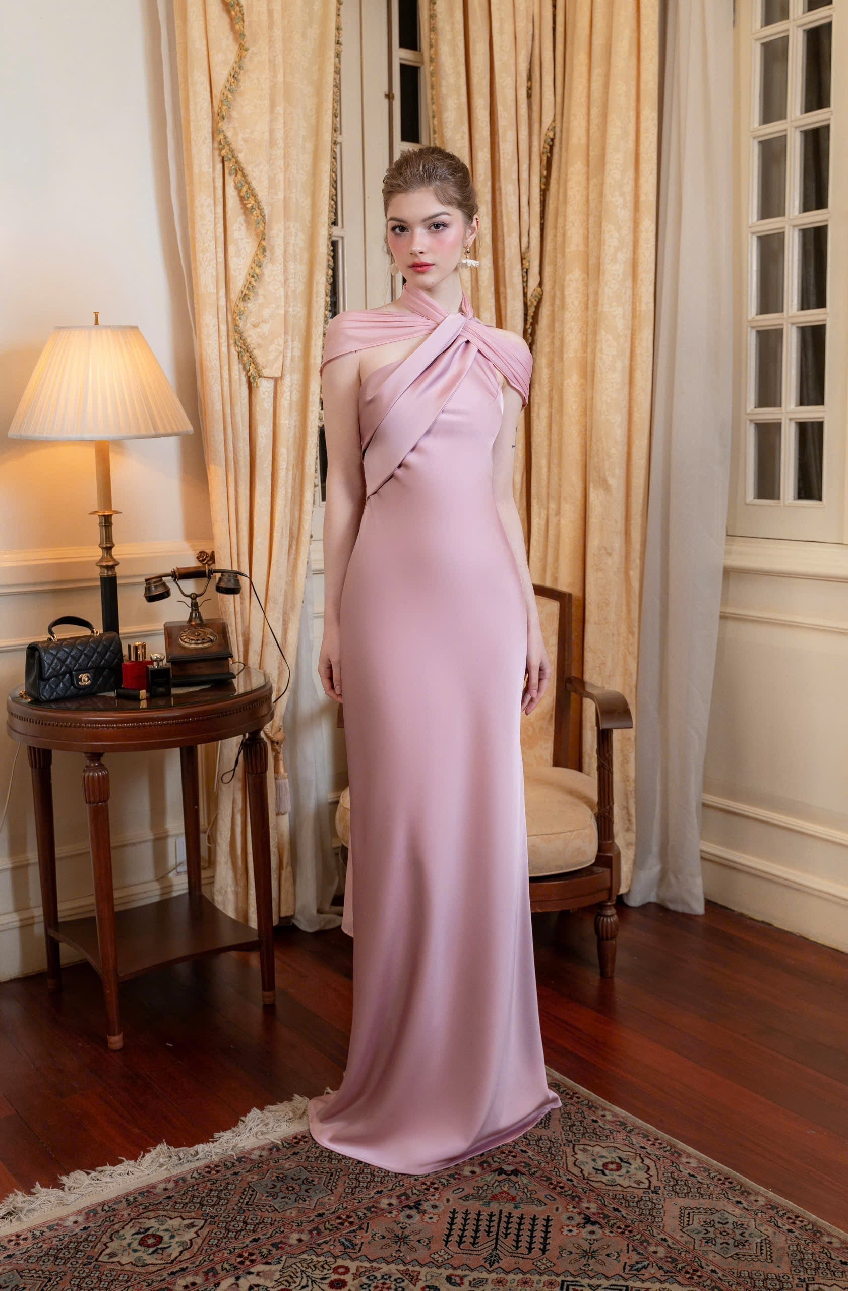 One Shoulder Draped Cape Backless Satin Evening Dress