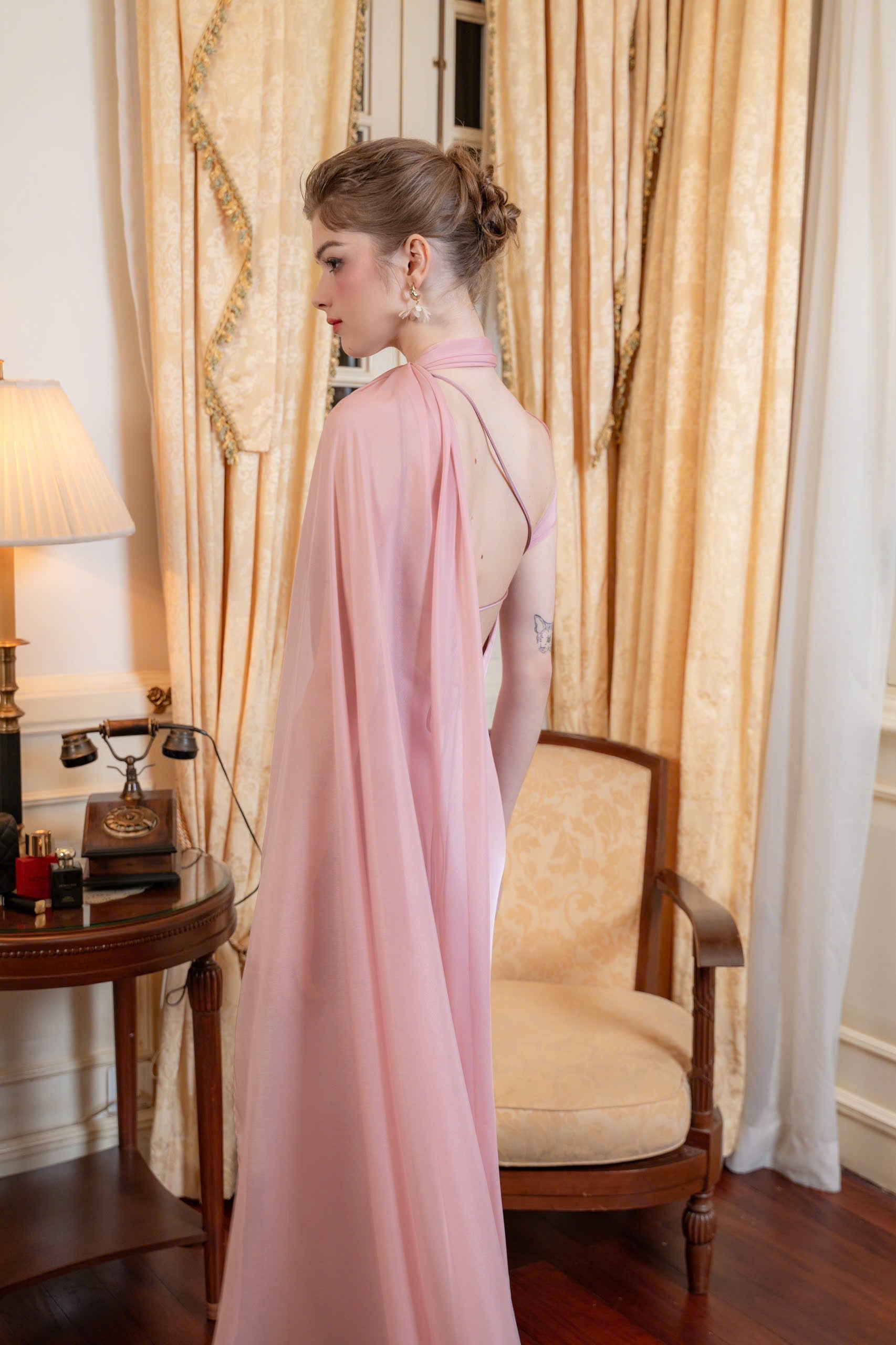 One Shoulder Draped Cape Backless Satin Evening Dress