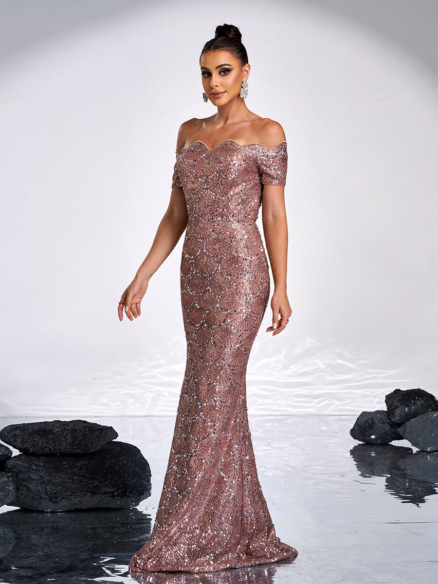 Ruffle Neck Black Sequin Evening Dress JMH3139