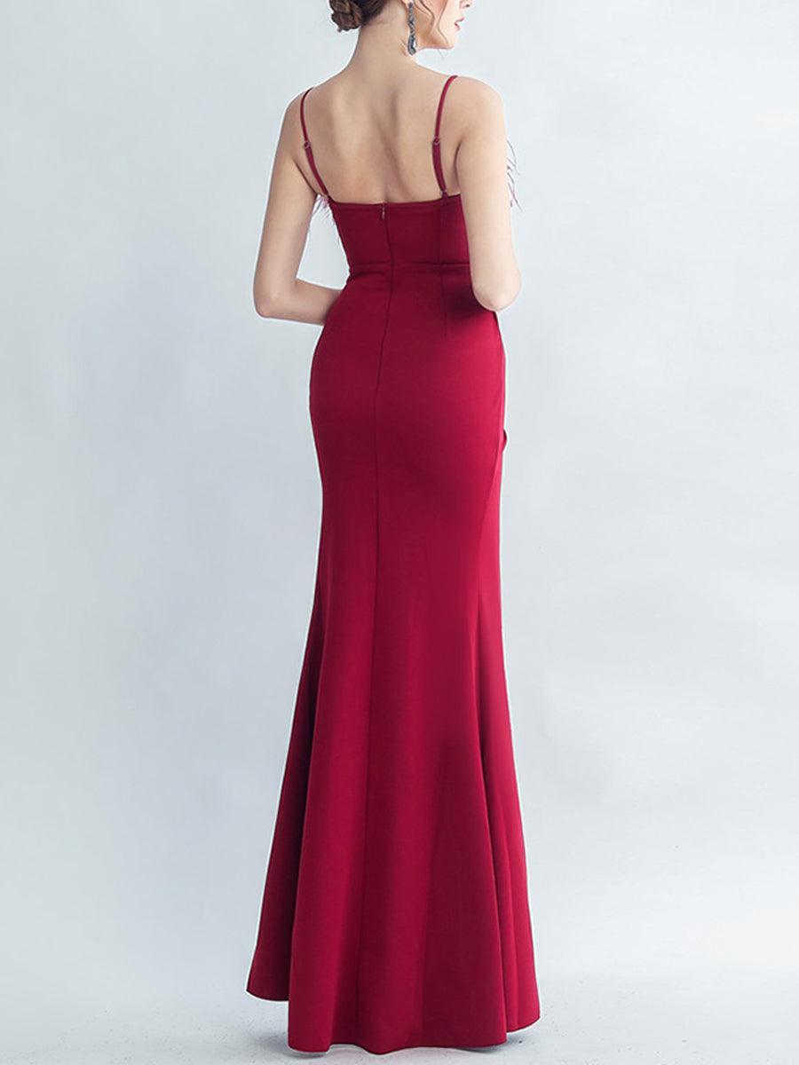 Feather Spaghetti Rhinestone Formal Dress GM90015