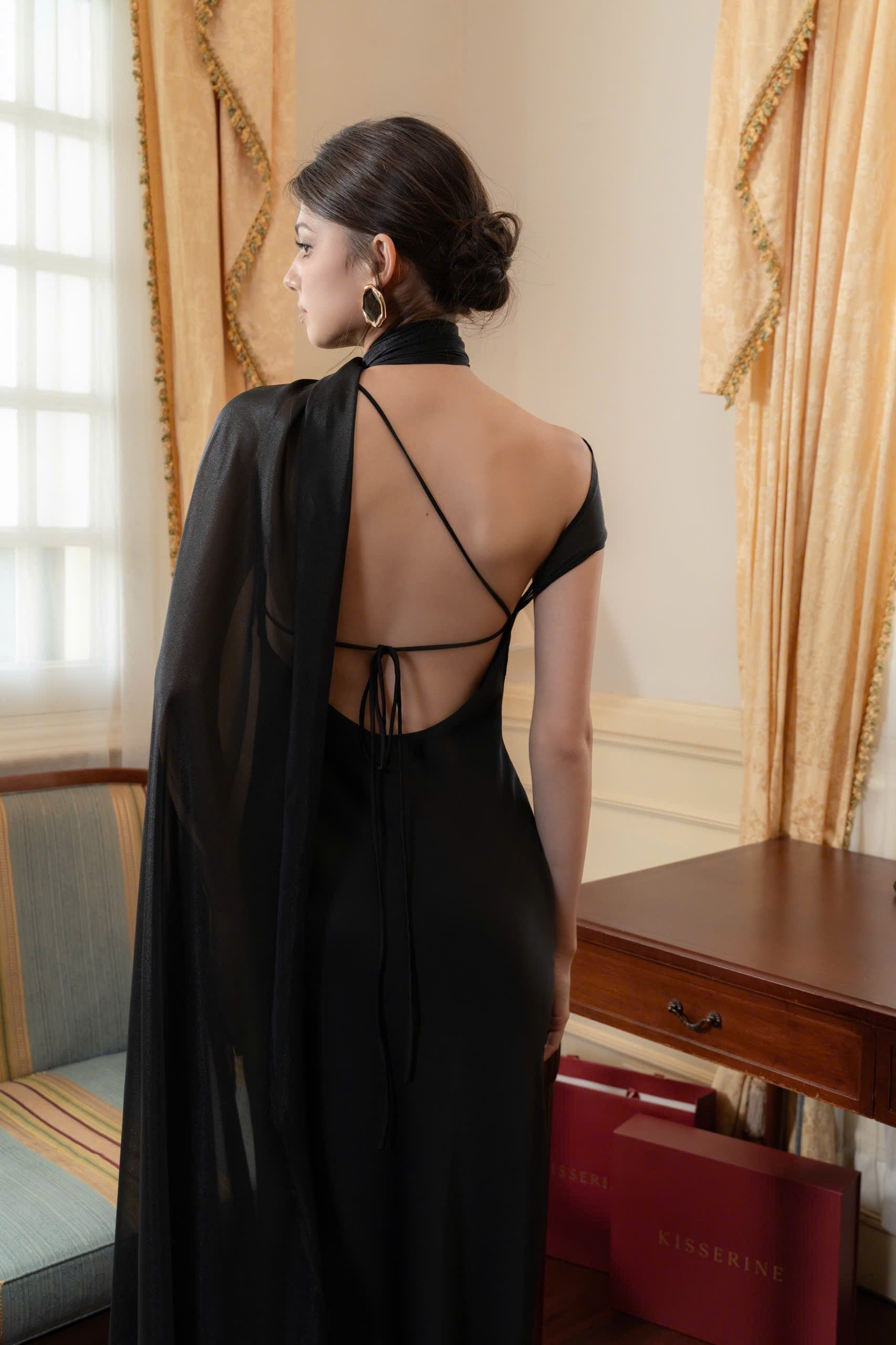 One Shoulder Draped Cape Backless Satin Evening Dress