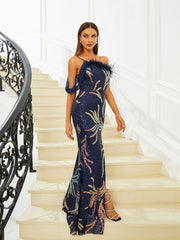 Elegant Feather Trim Sequin One-Shoulder Formal Dress M02324