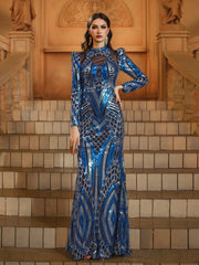 Blue Sequin Graphic Long Sleeve Prom Dress DH80462