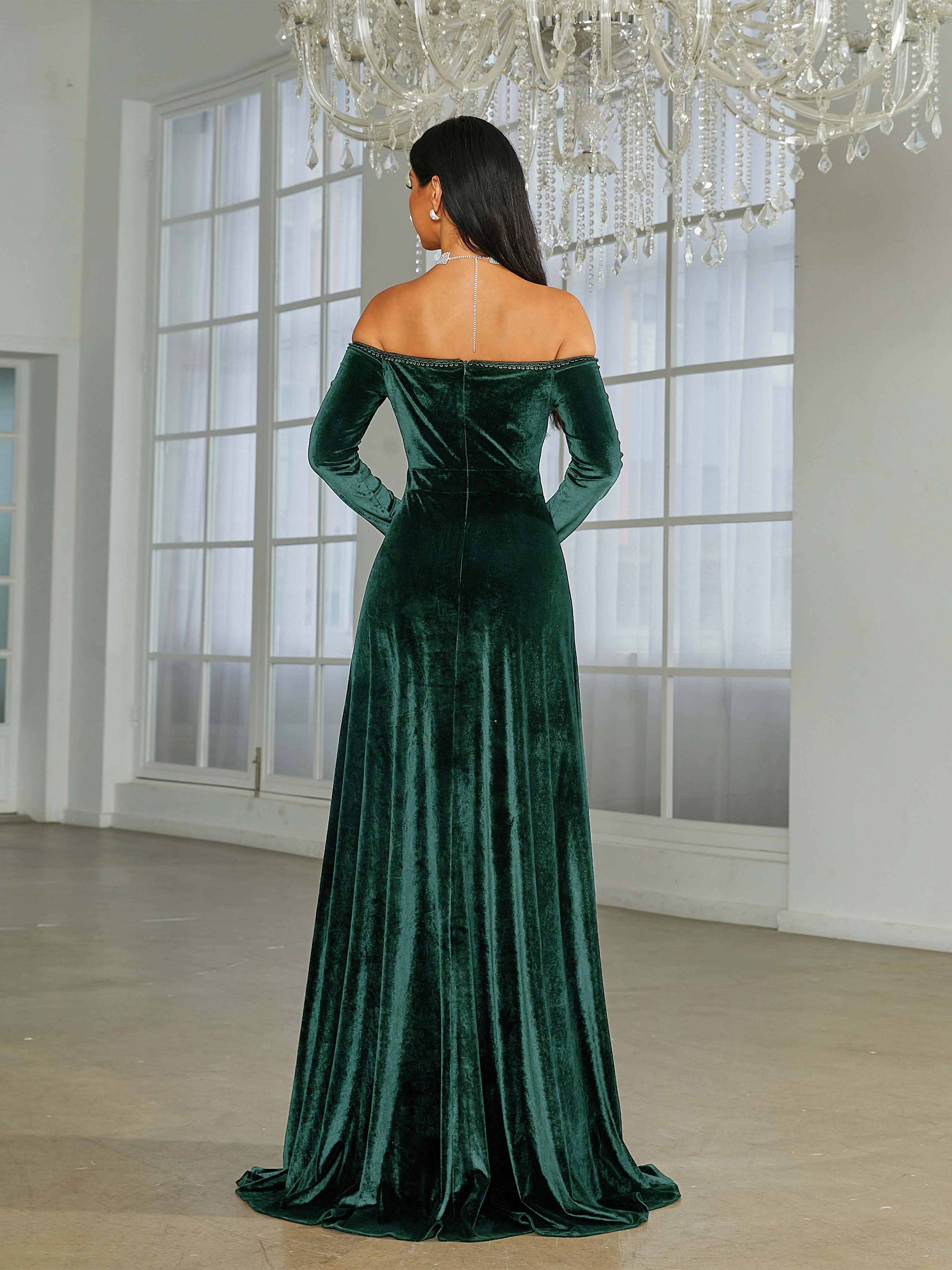 Off Shoulder Split Black Velvet Evening Dress XJ1946
