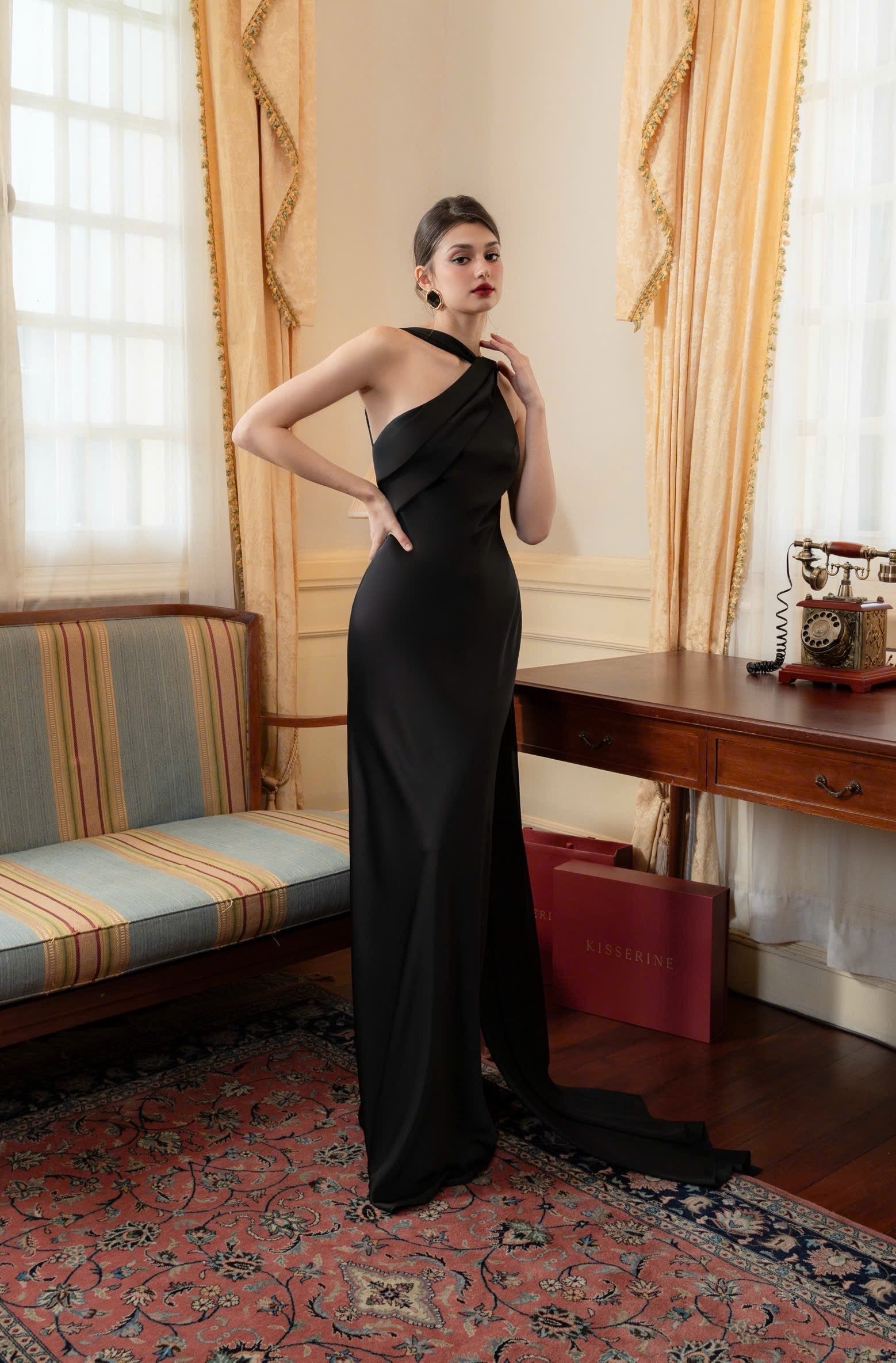 One Shoulder Draped Cape Backless Satin Evening Dress
