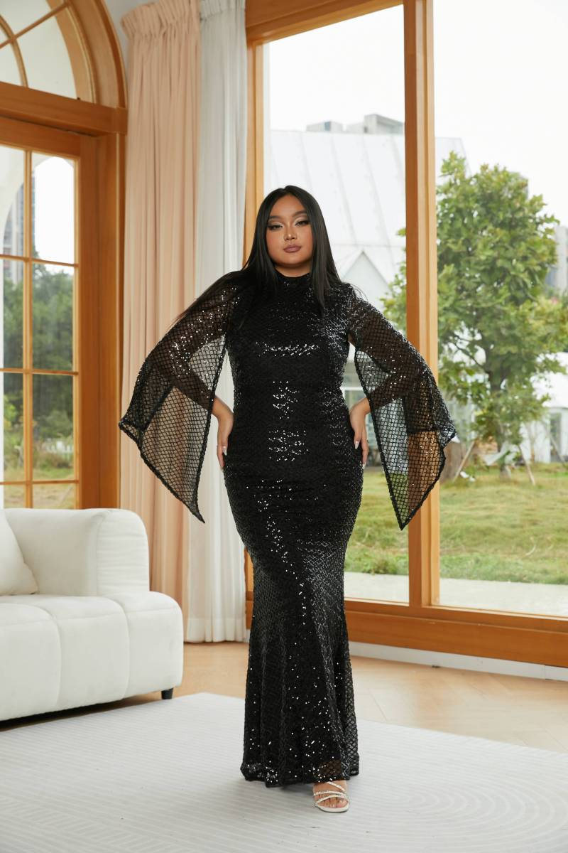 High Neck Sequin Bell Sleeve Mermaid Evening Dress XJ1263