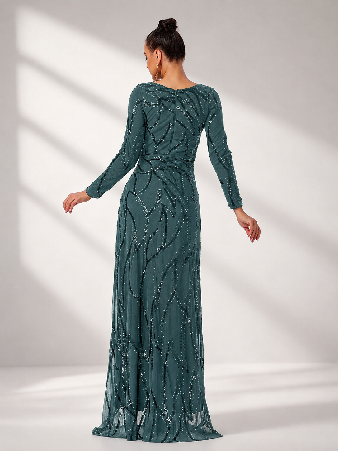 Long Sleeve Sequin A-Line Maxi Evening Dress XJ1962