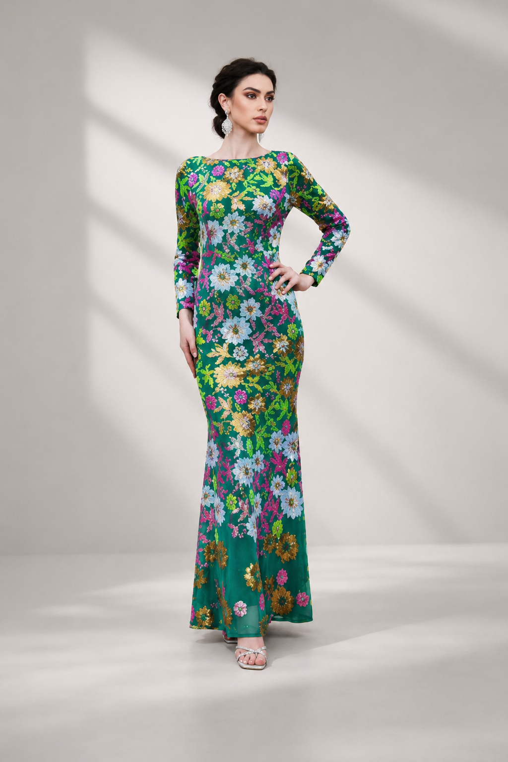 Crew Neck Floral Sequin Dress RJ10987