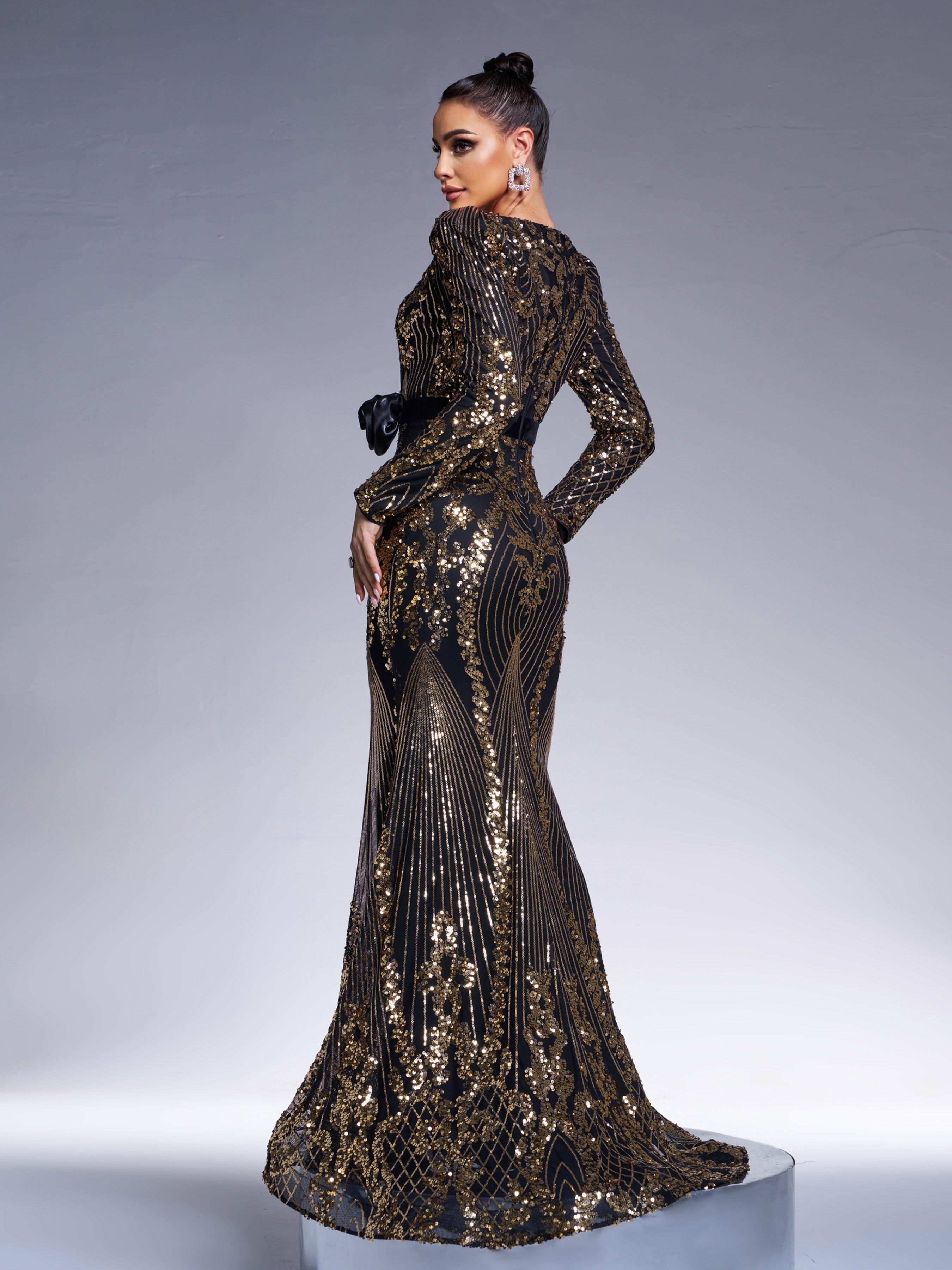 Black Long Sleeve Sequined V-neck Dress DH80240