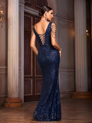 Navy Sequin Chain Strap Slit Mermaid Formal Dress GM90177