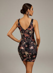 V-Neck Sequin Floral Mini Dress XH2301S