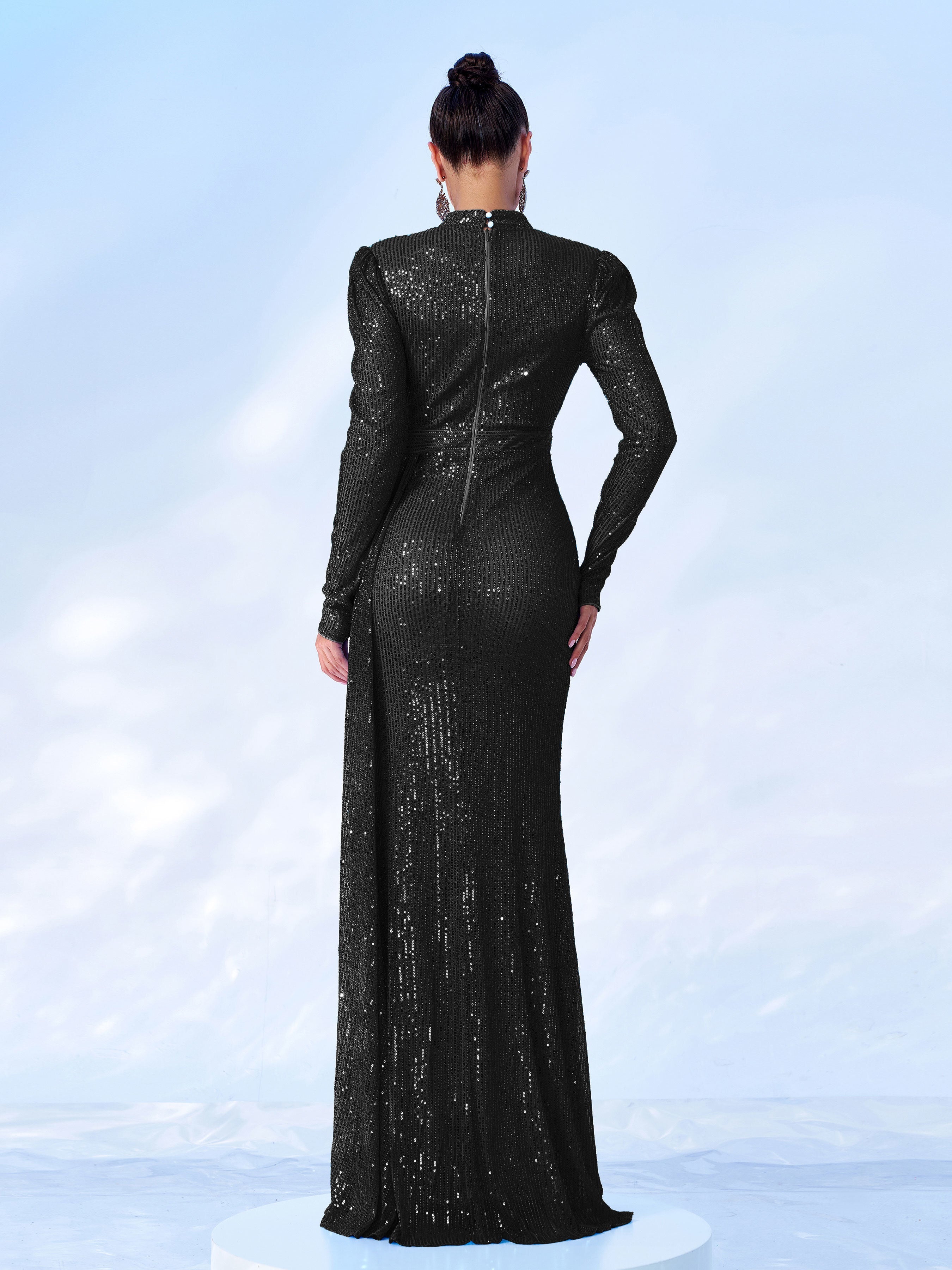 High Neck Long Sleeve Draped Sequin Maxi Evening Dress RJ11834