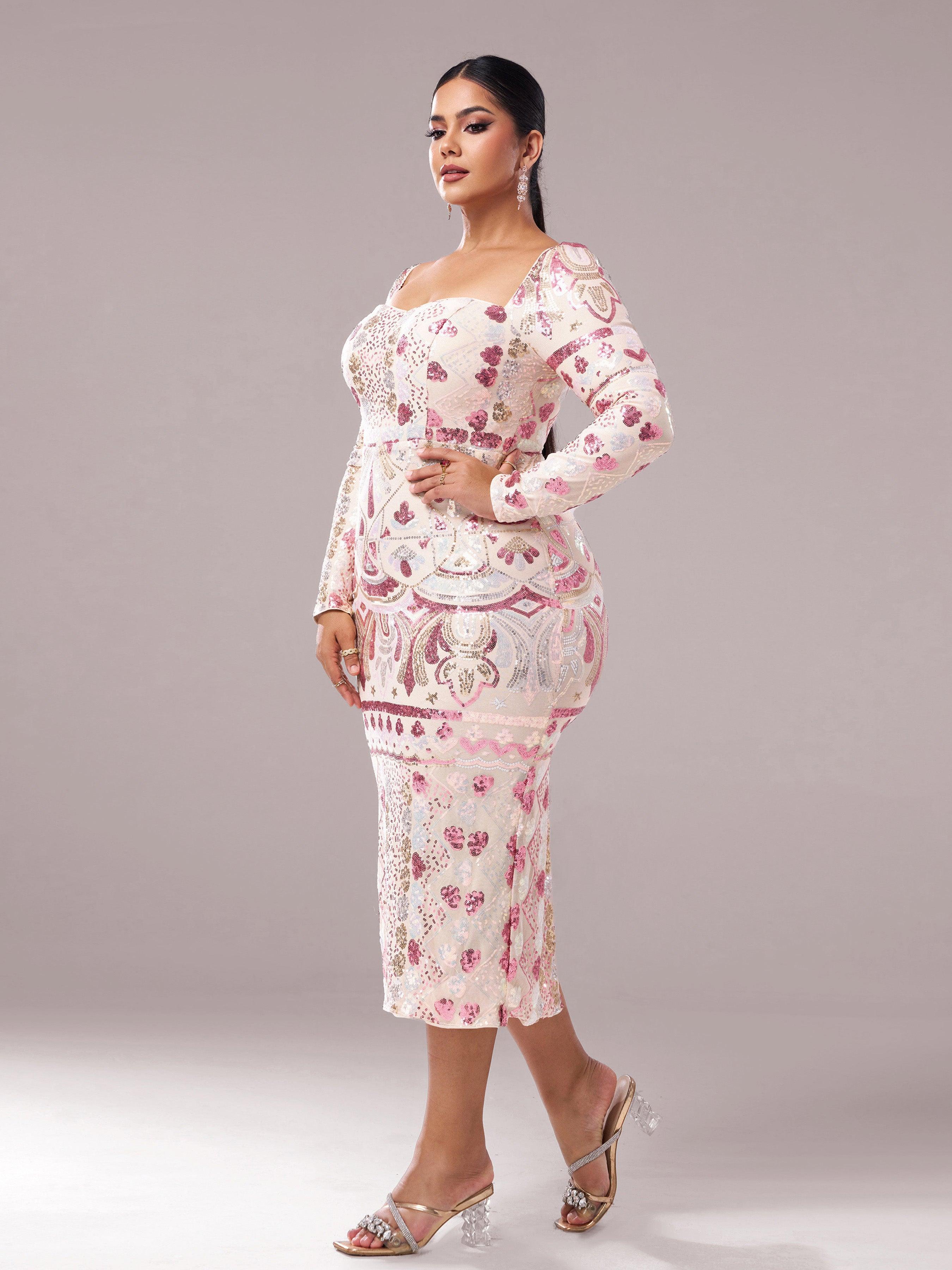 Plus Square Neck Sequin Split Midi Dress PRM20830