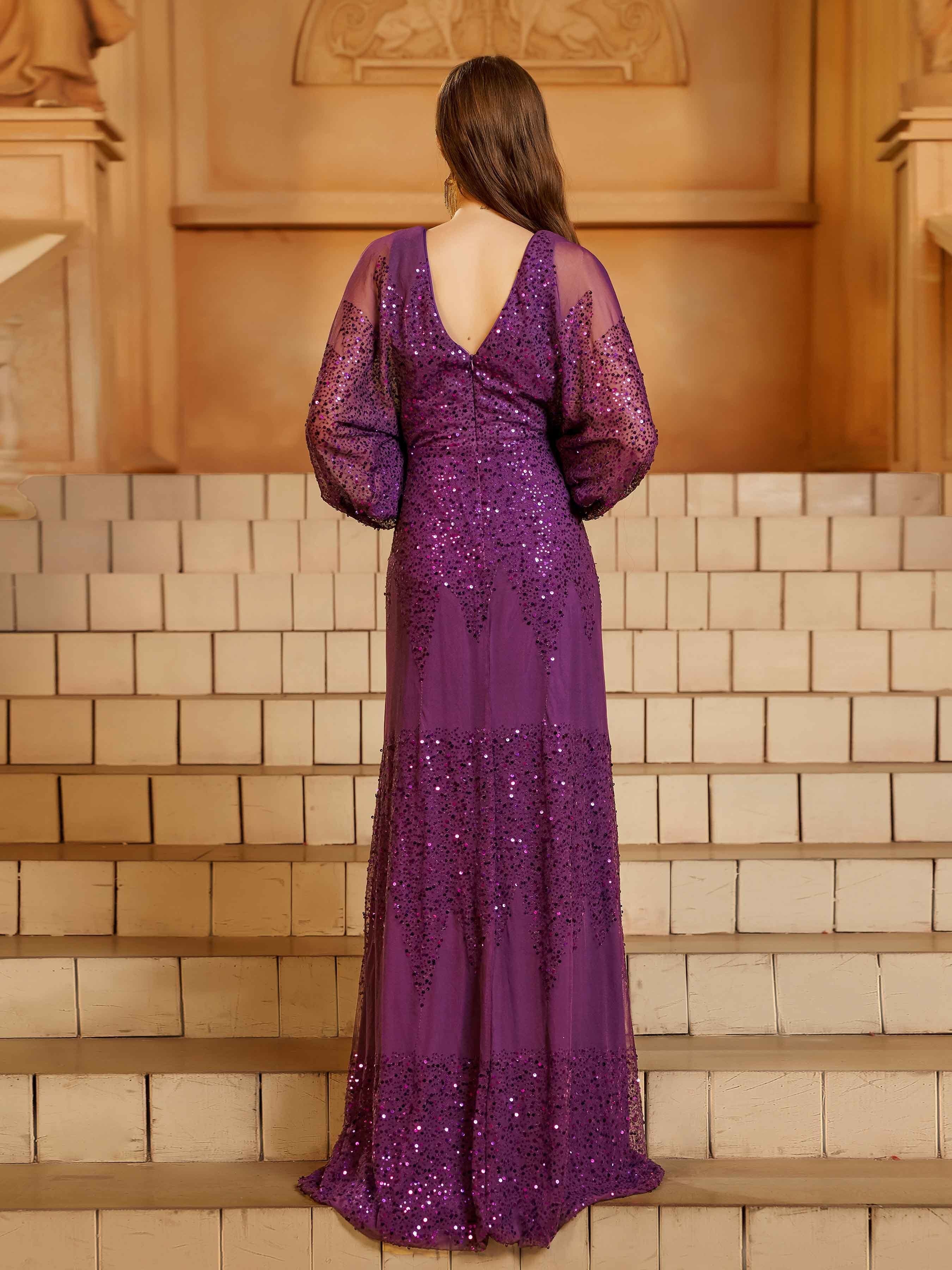 Lantern Sleeve V-Neck High Split Black Prom Dress RM21107