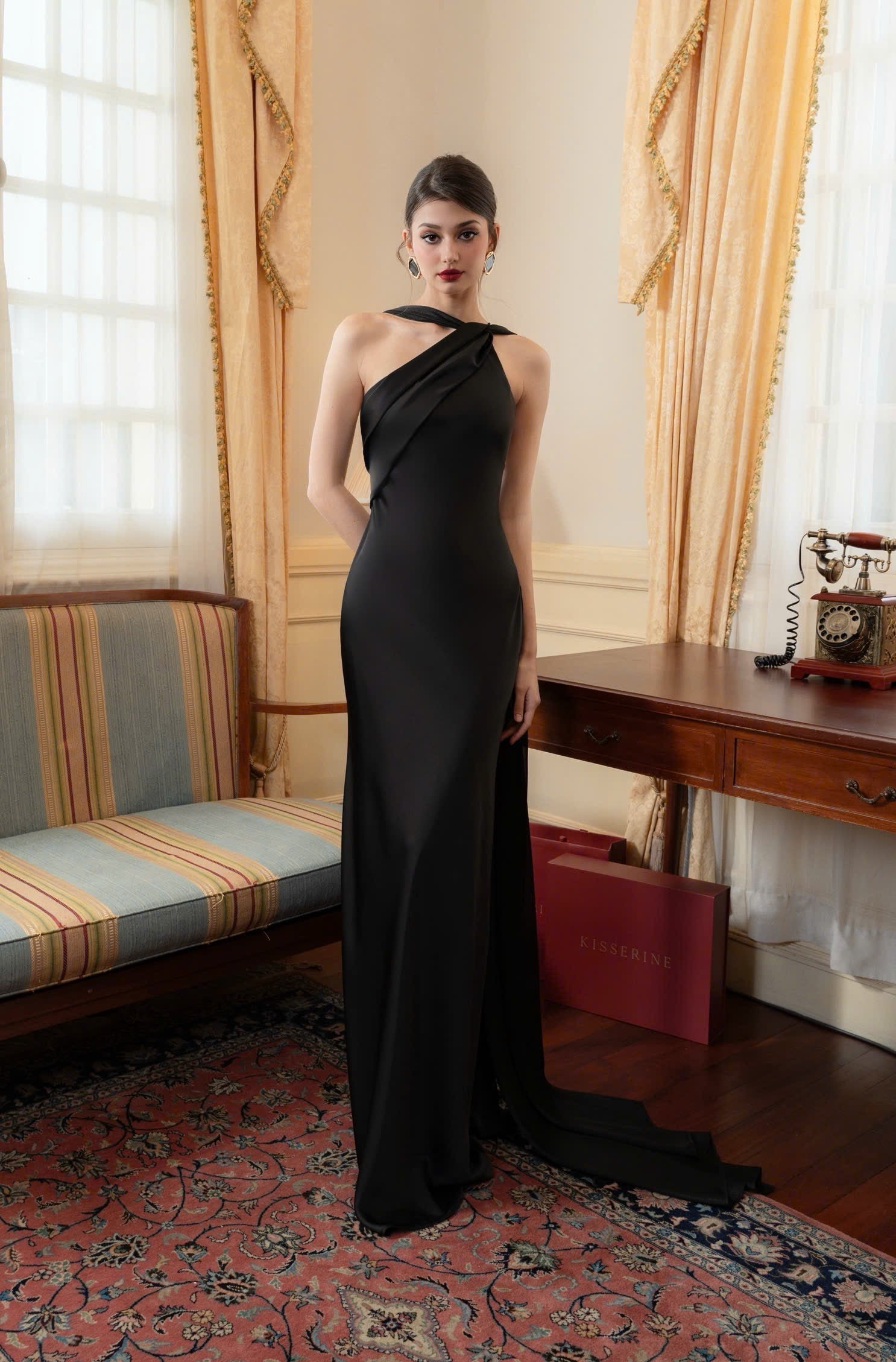 One Shoulder Draped Cape Backless Satin Evening Dress