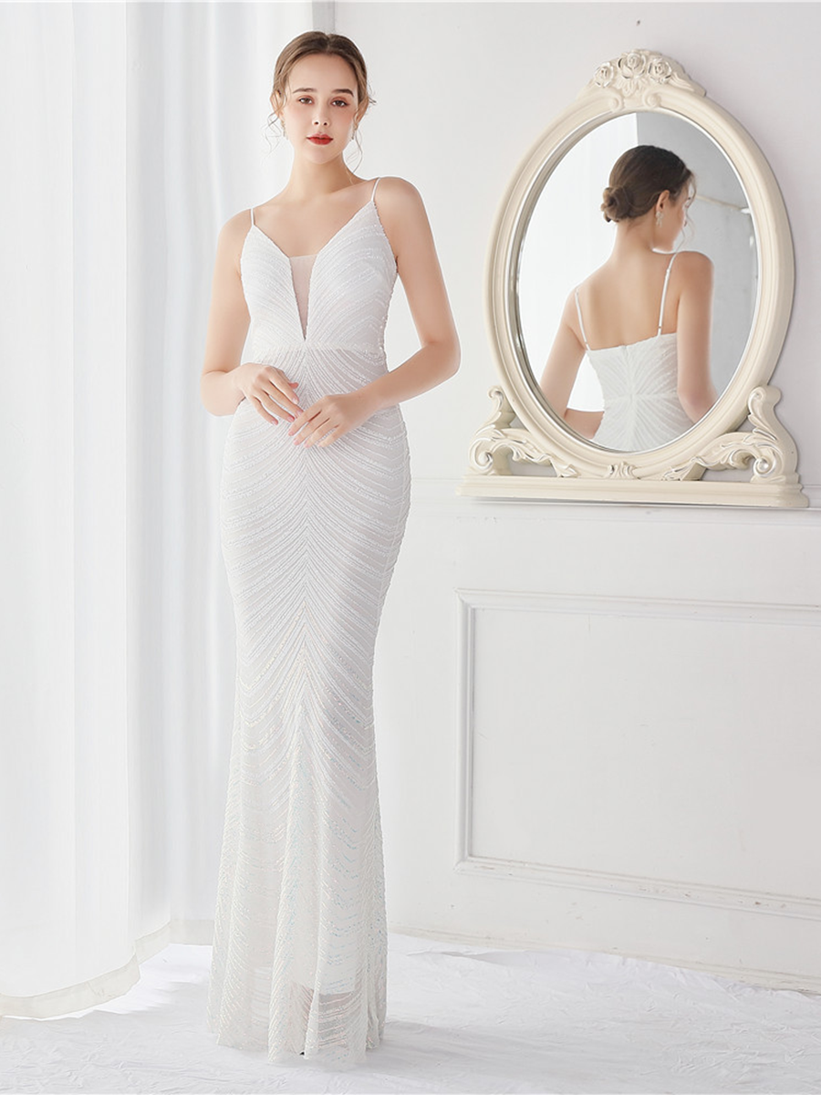 Spaghetti Mermaid Sequin Elegant Bridal Dress M02037