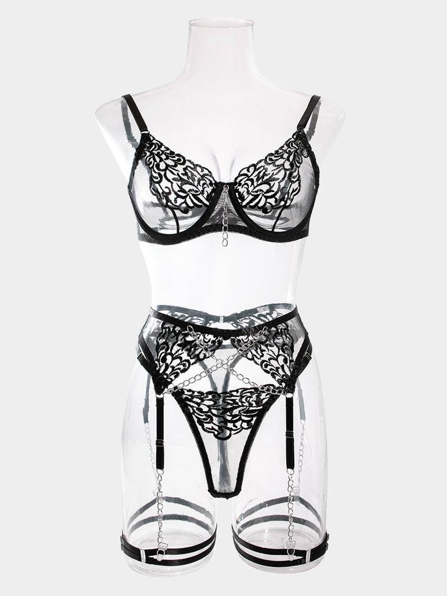 Metal Chain Embroidered Sexy Lingerie 4 Piece Set MSL034
